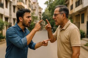 भारतीय कॉलोनी में दो पड़ोसी आपस में झगड़ते और बहस करते हुए – कानूनी विवाद और शांति भंग की स्थिति को दर्शाता चित्र