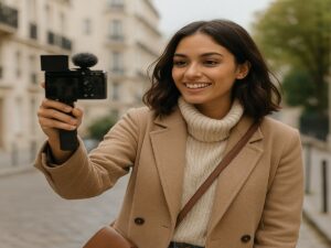 A female fashion influencer vlogging while traveling, holding a camera in hand, stylish outfit, lifestyle and travel blogging concept