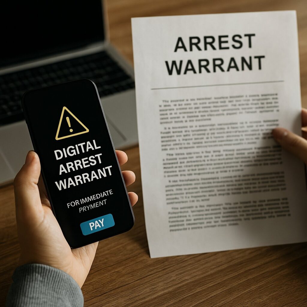 a phone and paper showing digital arrest