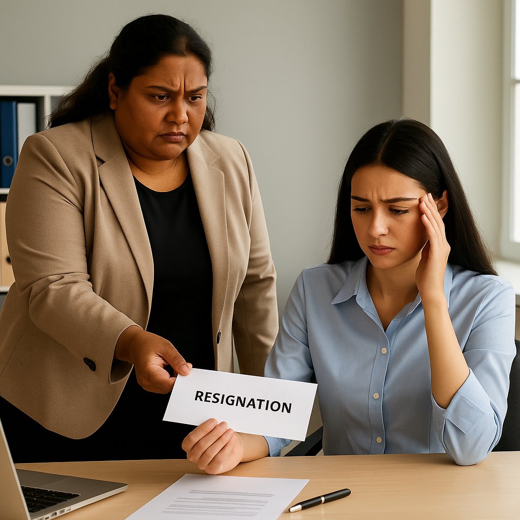 A female employer pressuring a female employee in an office to sign a resignation letter. The employee looks tense and unwilling, symbolizing forced resignation