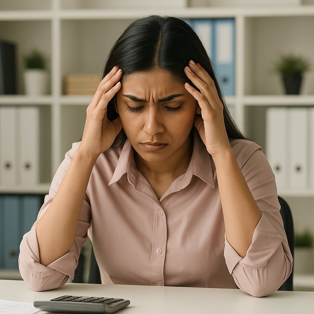 An Indian female employee with sharp features sitting in office, holding her head in tension because her salary has not been credited on time